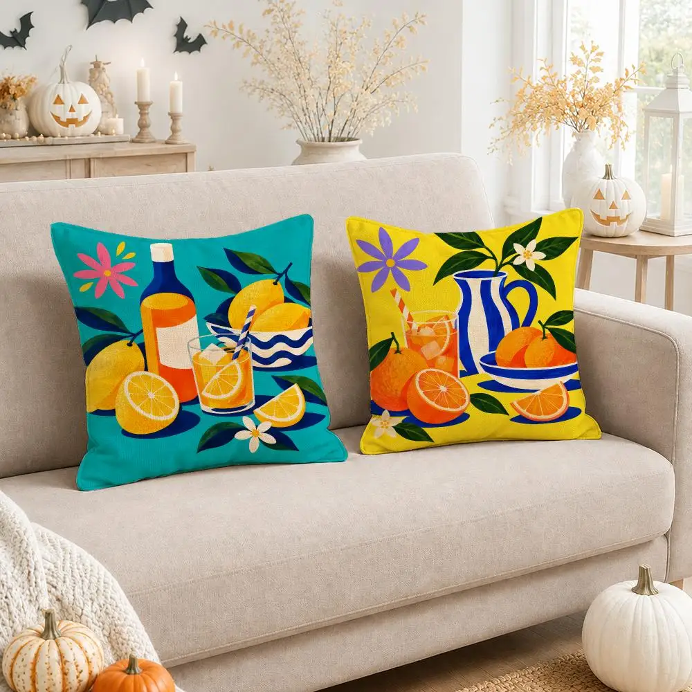 Fruit Cocktail Cushion Cover Linen Double-Sided Printed Pillow Case for Sofa Couch Bedroom Living Room
