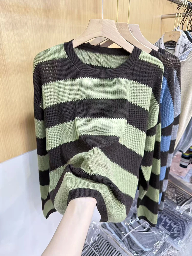 WHTREND Sweter damski w paski z dzianiny, okrągły dekolt, długie rękawy, blok kolorów, luźny, elegancki pulower, modny, jesień-zima, nowy WH1622