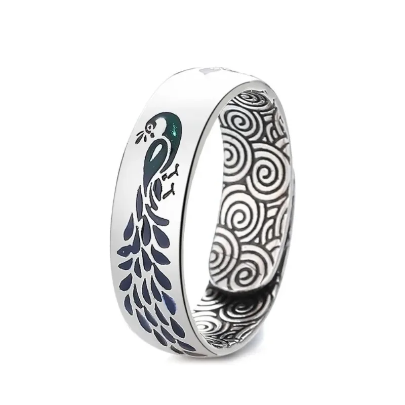 Vintage Ethnic Style Enamel Lotus Peacock Auspicious Cloud Patterned Open Ring for Women Couple Ring Party Jewelry Gift