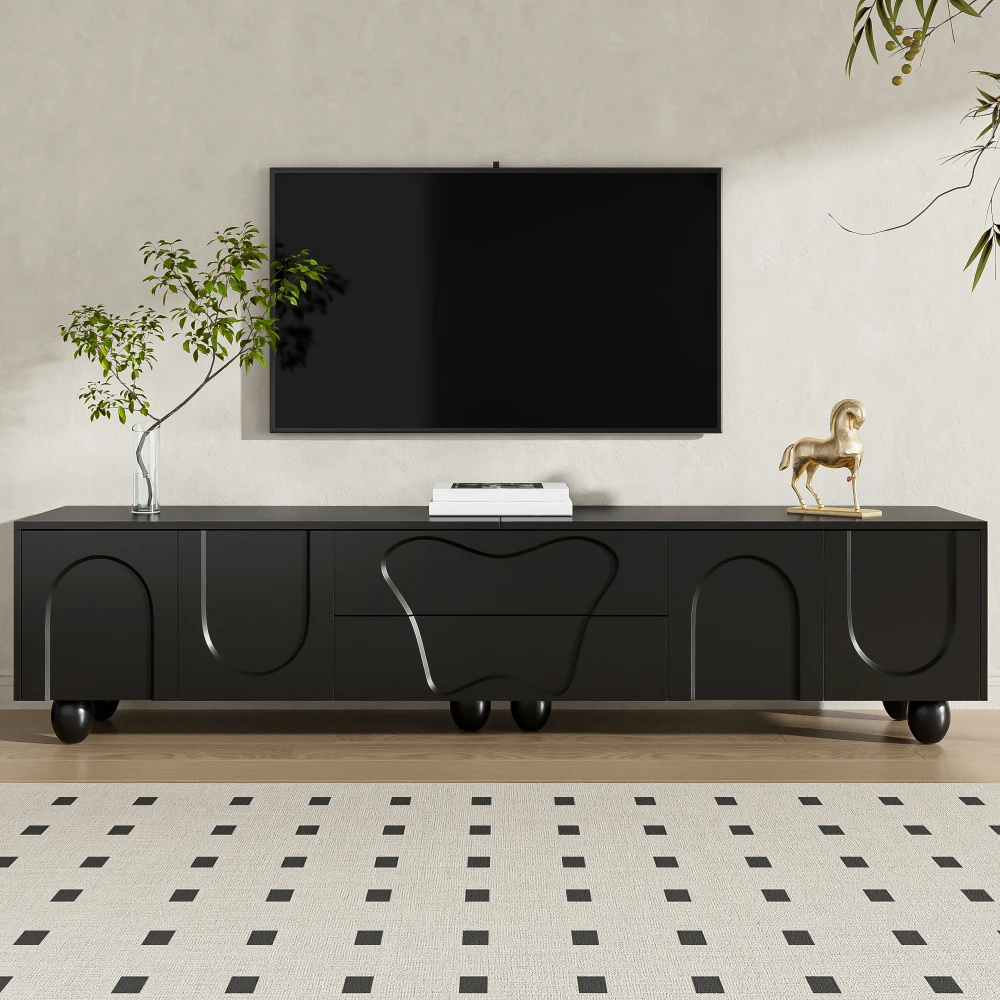 PINGGO Minimalist Black TV Stand 180cm with Wooden Legs Elegant Unique Design Living Room Furniture