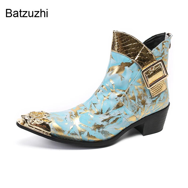 Batzuzhi Light Blue Genuine Leather Boots Men Luxury Handmade Men's Boots Golden Iron Toe Ankle 6.5cm Heels Party Boots! 38-46