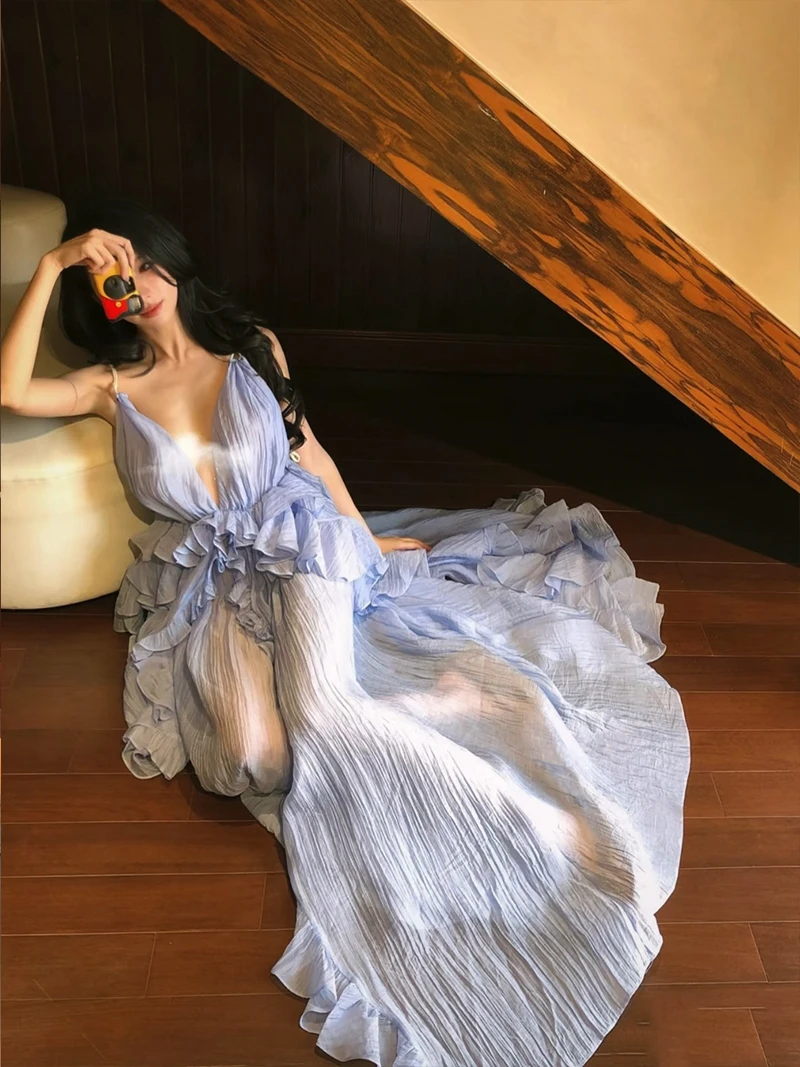 섹시한 노란색 휴가용 드레스 딥 V 백리스 생일 선물 부드러운 폴리에스터 여름 하이웨이스트 A라인 스커트 민소매 V넥 드레스