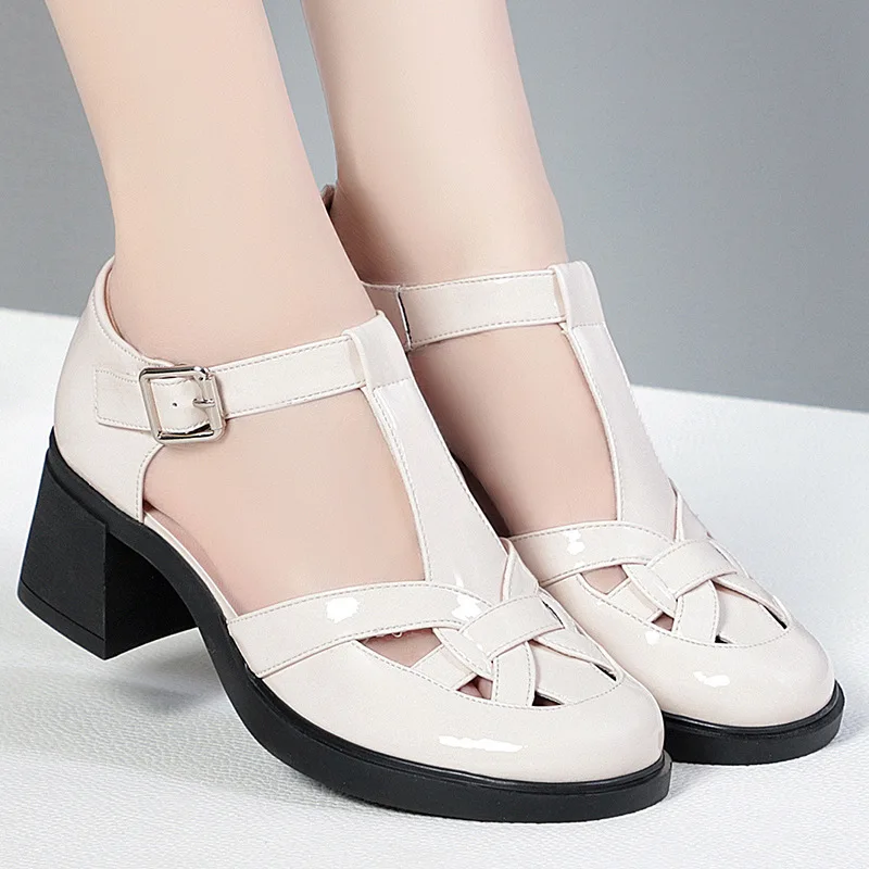 Popular Round Toe Roman Sandals 2024 Summer Cowhide Patent Leather Weave Hollow Women Shoes Fashion Leisure Thick Heel 5.5 cm