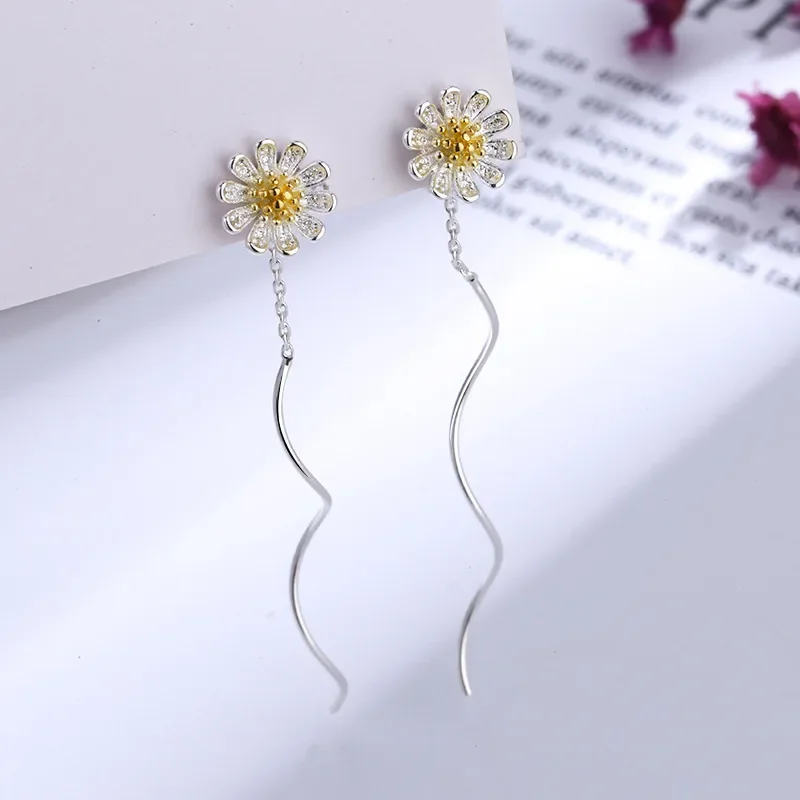 Simple Female Ear Chain Line 925 Silver plated Small Daisy Ear Line Tassel Long Wave Earrings For Women Pendientes Oorbellen