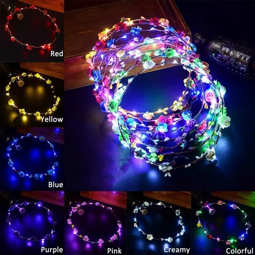 Romantic Glowing Wreath LED Flower Garland Headband Girls Women Bride Beach Travel Hairband Headwear