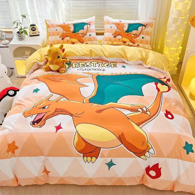 Pokemon Series Eevee Dragon 100% Cotton 4-piece set, Children's Cartoon 3-piece set of Sheet Pillowcase Quilt Cover