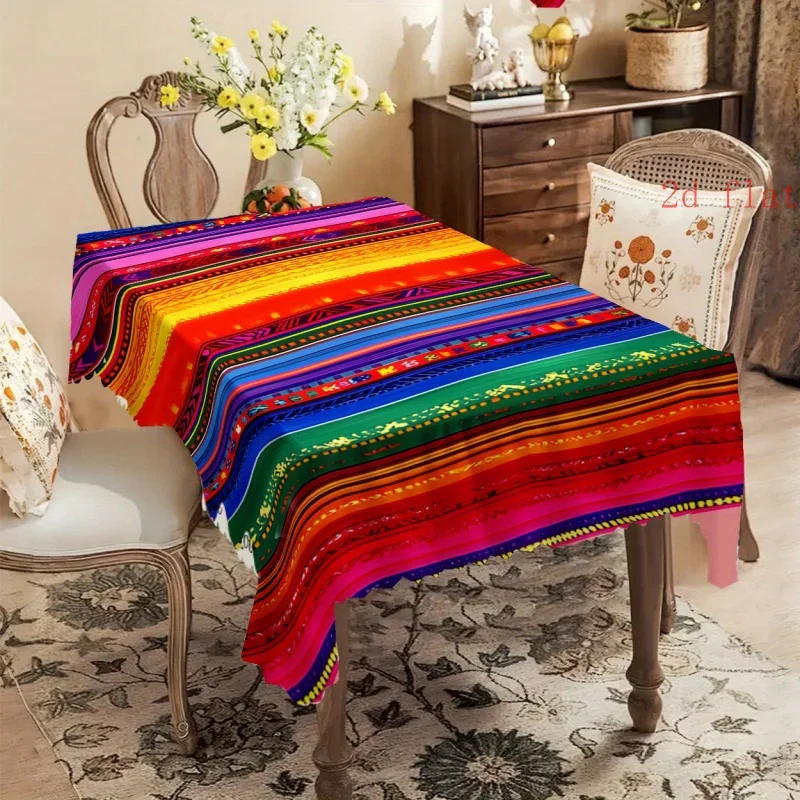 National style charming tablecloth, featuring a colorful striped design with rich ethnic patterns embedded in the stripes.xzj
