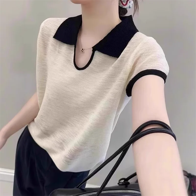 

Korean Style Neck Color Block Short Sleeve Knitted Top Women's Fashion Summer T-Shirt Unique Short Length Casual Wear