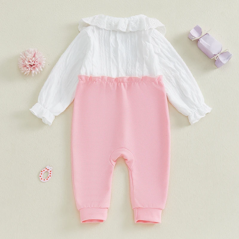 Baby Girl Fake Two-Piece Romper Bow Doll Collar Ruffle Sleeve Full Length Waffle Jumpsuit Fall Clothes