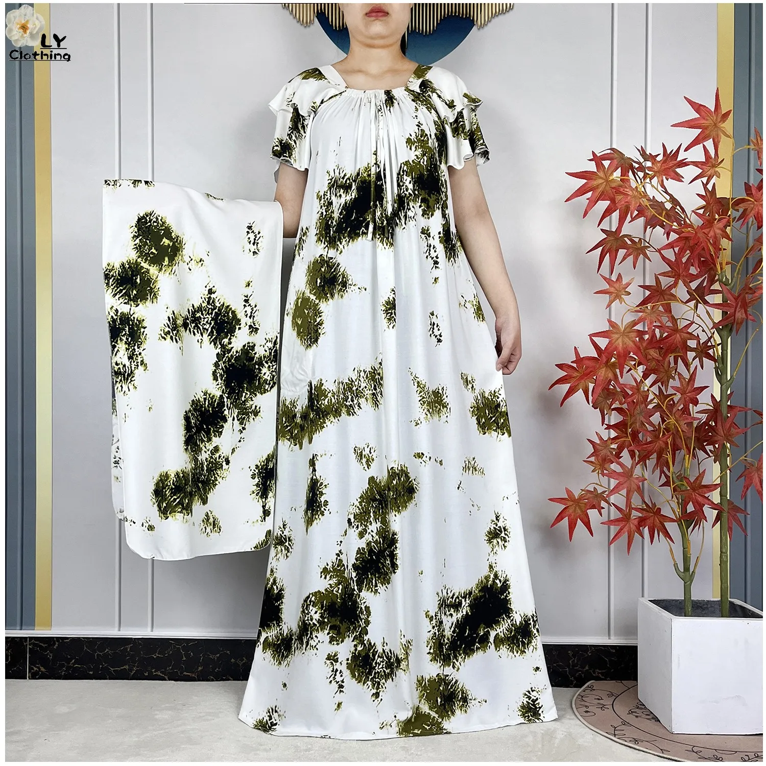 

2026Fashion Elegant Dress Tie-dye Cotton Dubai Abaya Women Dress Boat-Neck Short Sleeve Loose Long Maxi Casual African Clothing