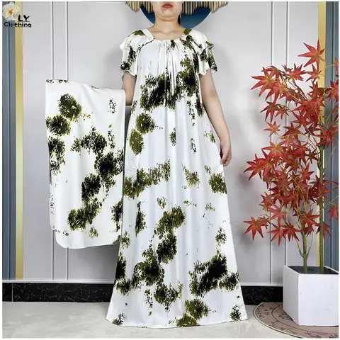 2026Fashion Elegant Dress Tie-dye Cotton Dubai Abaya Women Dress Boat-Neck Short Sleeve Loose Long  Maxi Casual African Clothing