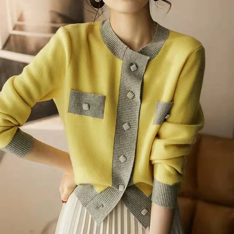 2023 Autumn Winter Korean Fashion Clothing Elegant Yellow Cardigans Sweater Women O Neck Button Long Sleeve Knitted Tops Female