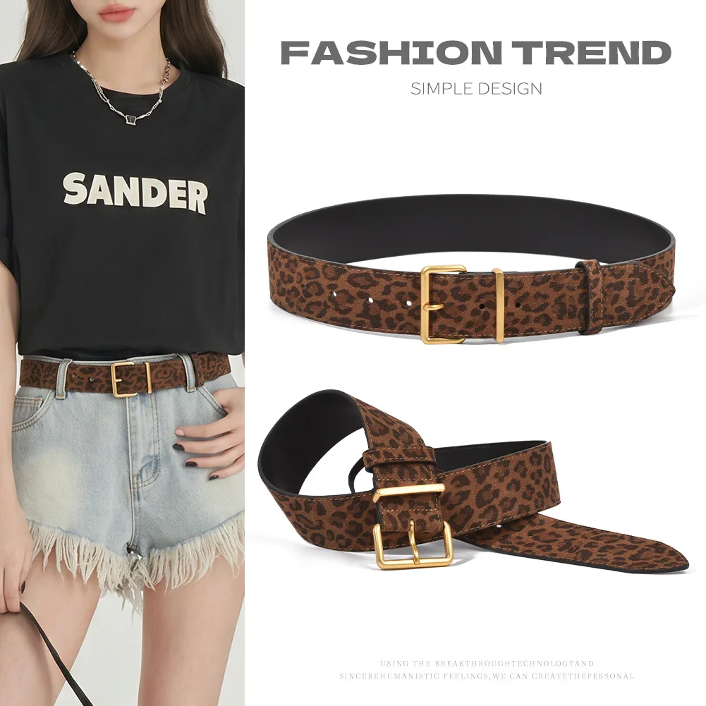 Retro luxury with women's leopard print leather trendy belt, versatile and fashionable decoration jeans belt