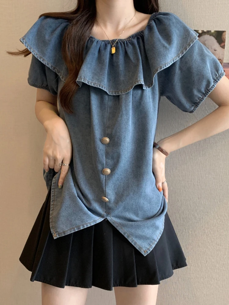 Women's One shoulder Denim Shirt Short Sleeve Blue Blouses 2024 Summer Vintage Blusa