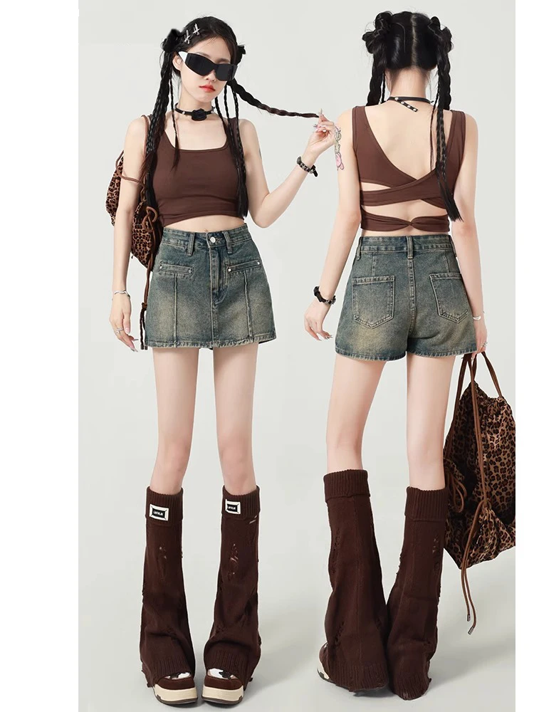 High Waist A-Line  Skirt Shorts Women's Summer Thin Denim Shorts Hot Pants Retro American Style Half-length Skirts