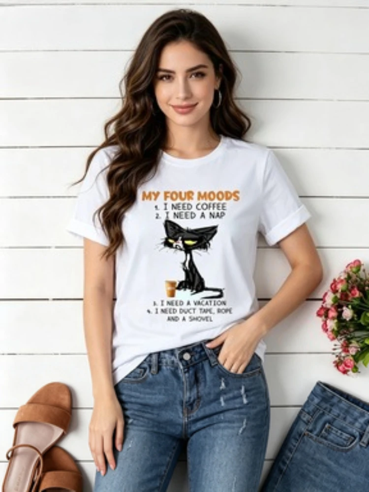My Four Moods Lazy Cat Anime Tops Short Sleeves Women's T-shirts Tops Cute Coffee Black Sleepy Cat Women Tops Y2k Short Sleeves
