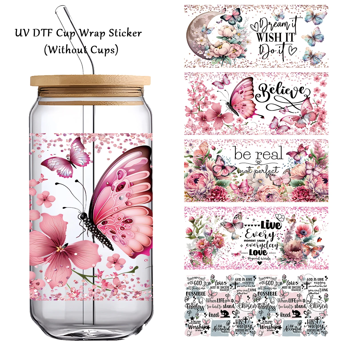 5Pcs/Pack Butterfly Flower Libbey UV DTF Transfer Stickers For Glass Cup Mug Bottle DIY Waterproof Transfer Sticker DTF Cup Wrap