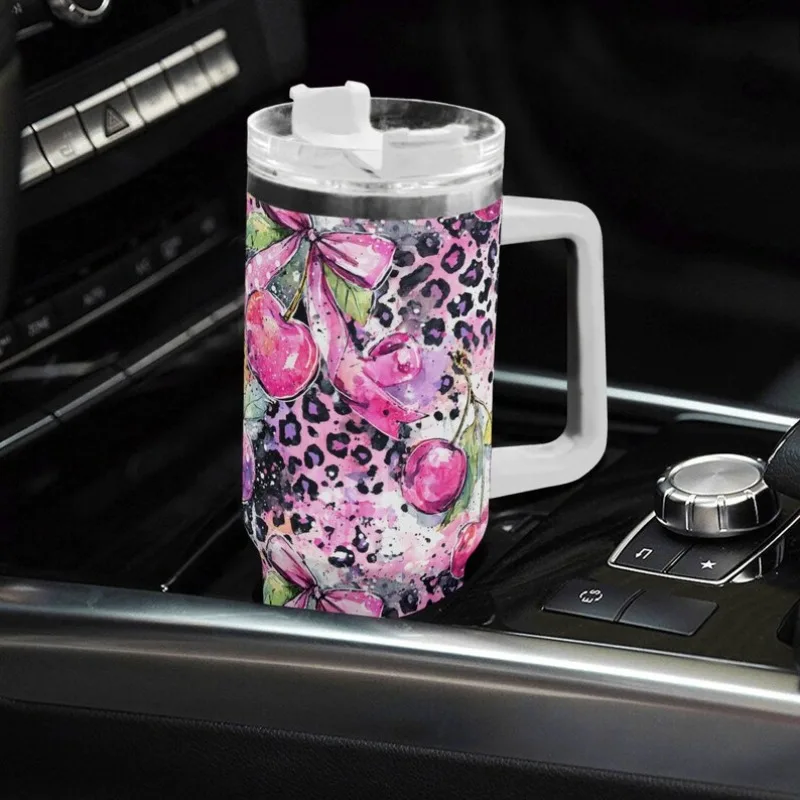 Ribbon Cherry Leopard 40 Oz Stainless Steel Tumbler with Handle, Lid, And Straw – Girly Summer Drink Cup, Travel Tumbler, Cute Gift Idea