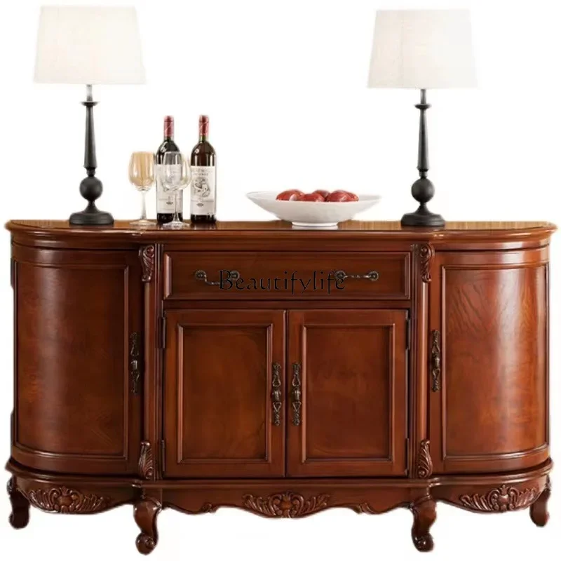 

pgSolid wood dining side cabinet European retro tea storage household wall dining cabinet