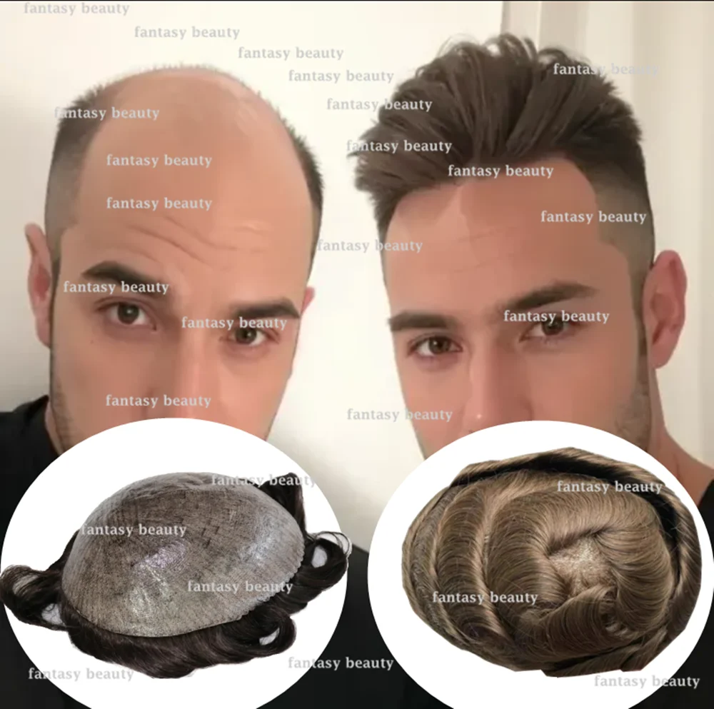 Parrucca da uomo con attaccatura dei capelli naturale Comfort V-ring 0.02mm pelle ultrasottile Full cut protesi da uomo sistema di sostituzione dell'iniezione capillare