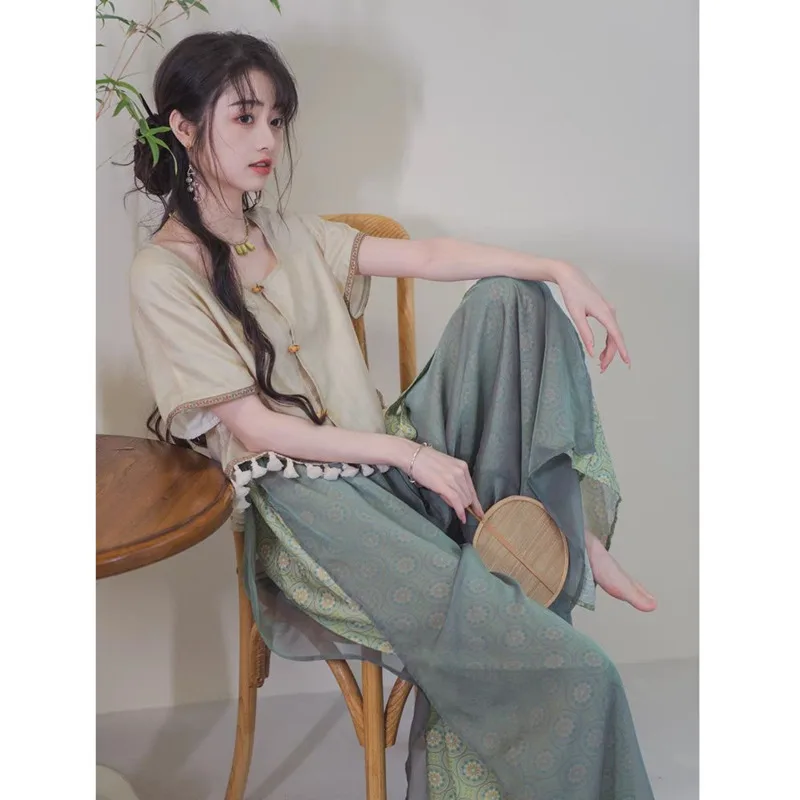 

Southern Wind Valley Warbler New Chinese Hanfu Fairy Qi Top Song Han Element Song Pants Wide Leg Pants Summer Daily Set