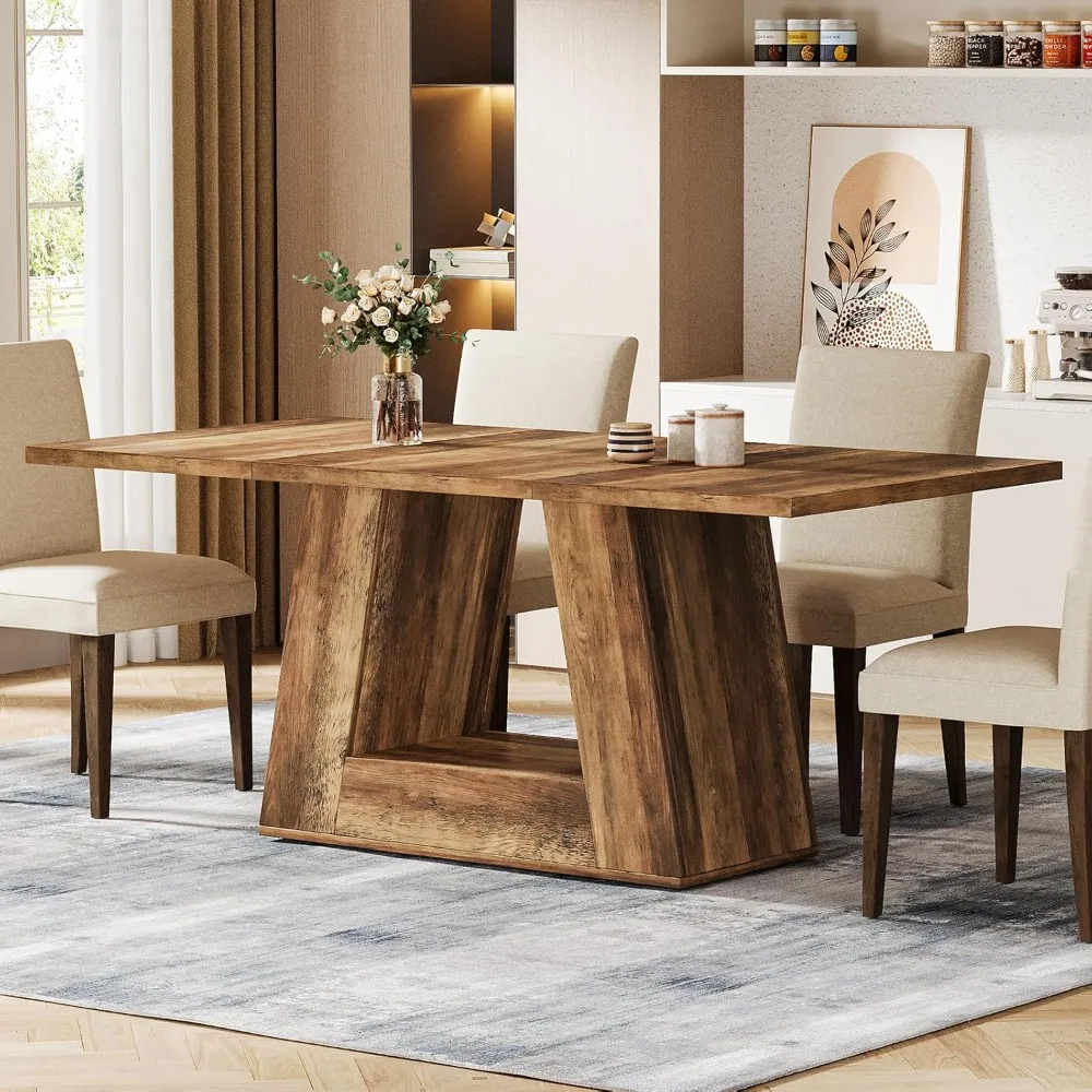 

Dining Table for 4 to 6 People, 63" Rectangular Dining Room Table, Modern Wooden Faux Marble Dinner Table with Sturdy Base for