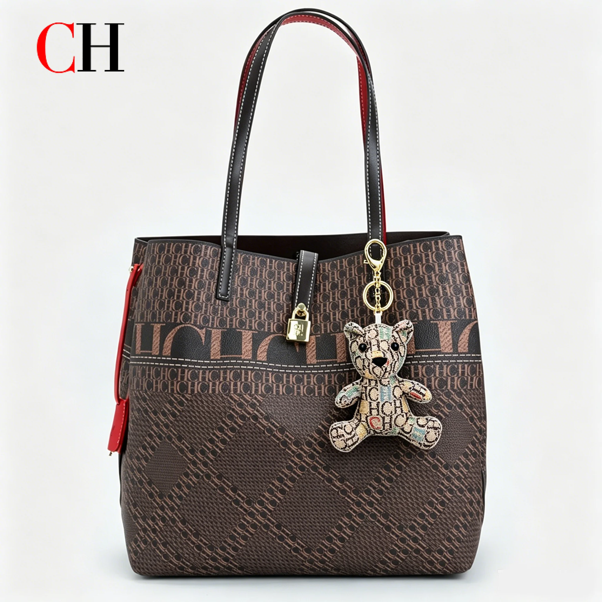 

CH Women Handbag Vintage Tote Bag Cartoon Bear Charm Top Handle Shoulder Bag Ladies Daily Fashion Bag
