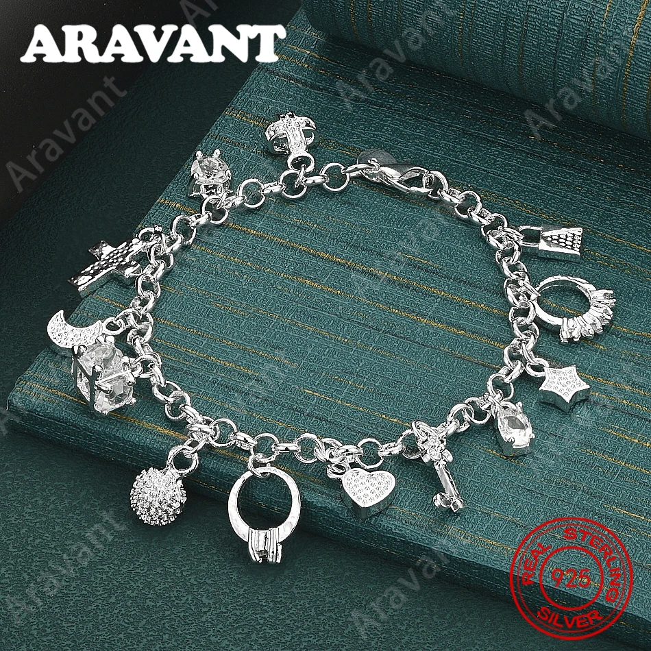 925 Sterling Silver Bracelet With 13 Charms And Multiple Elements: A Fresh And Elegant Design For Women'S Engagement Jewelry
