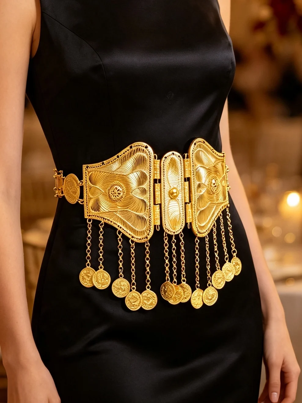 Cinturón de Borlas con Monedas Doradas Vintage, Cadena de Vientre de Metal Tallado Estilo Bohemio Étnico, Joyería Corporal Ajustable para Mujer, para Bodas y Fiestas
