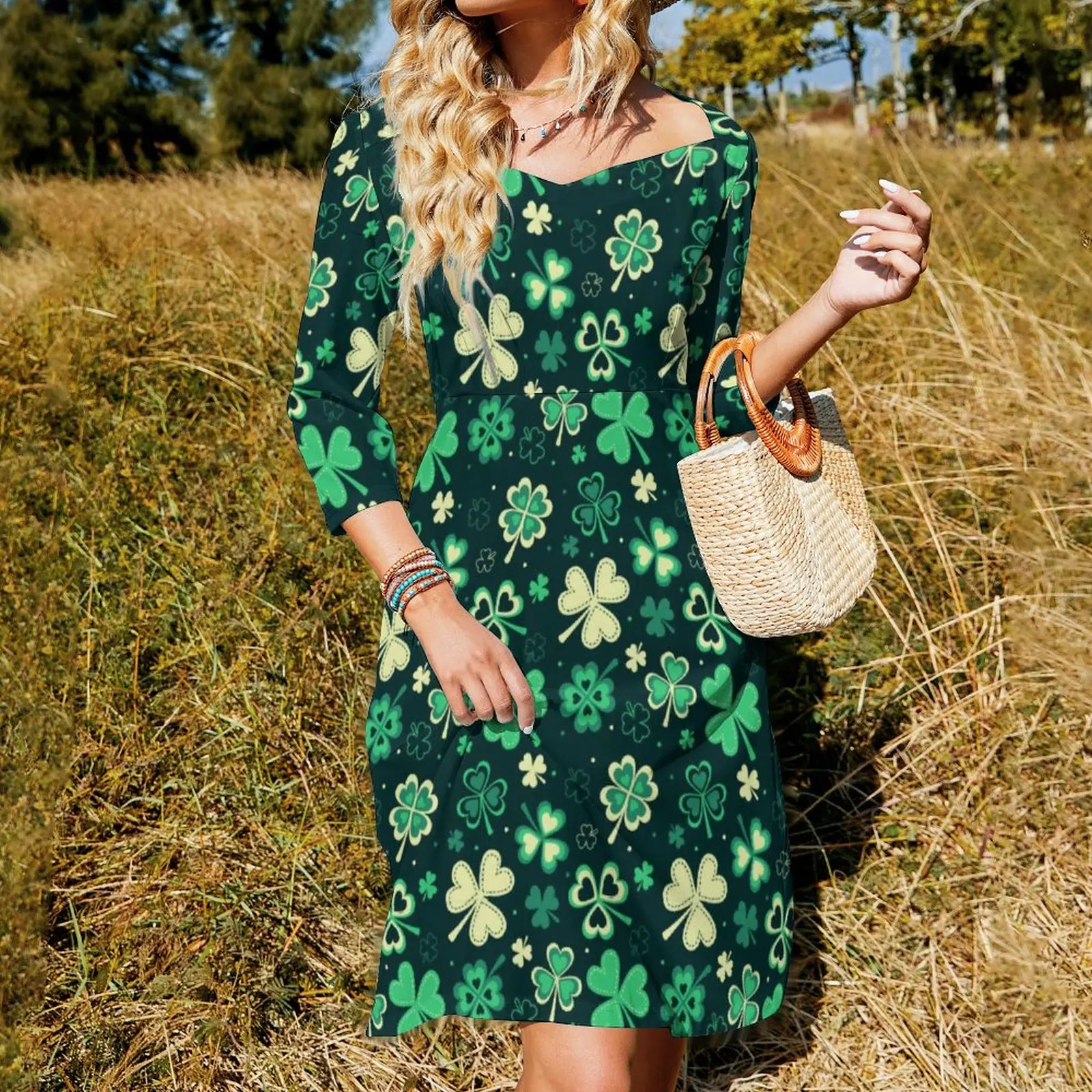 Lucky Shamrock Casual Dress Happy St Patrick Kawaii Dresses Summer Sexy Square Collar Streetwear Print Dress Large Size