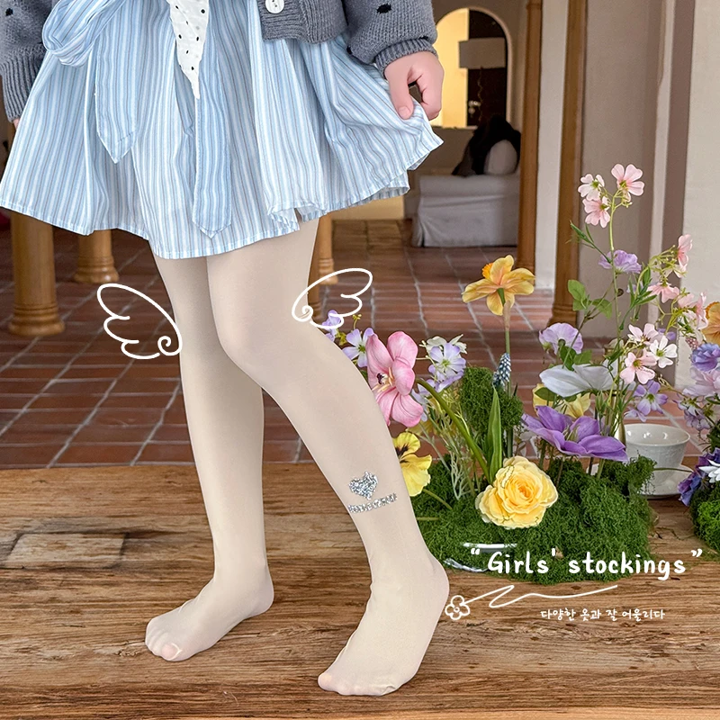 Cute Girls Heart Alphabet Rhinestone Decor Anti-Snag Footed Tights Smooth Durable Stretchy Fabric Stylish Comfortable Pantyhose
