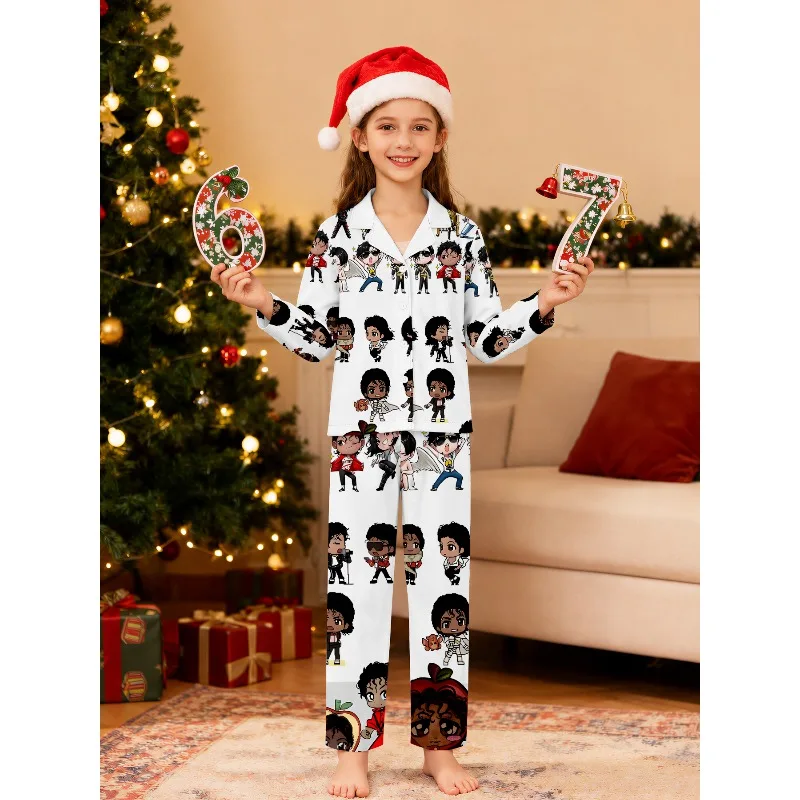 Girls Lapel Pajama Set Long Sleeve Nightwear, Assorted MJ Cartoon Music Note Prints, Perfect Birthday Xmas Gift