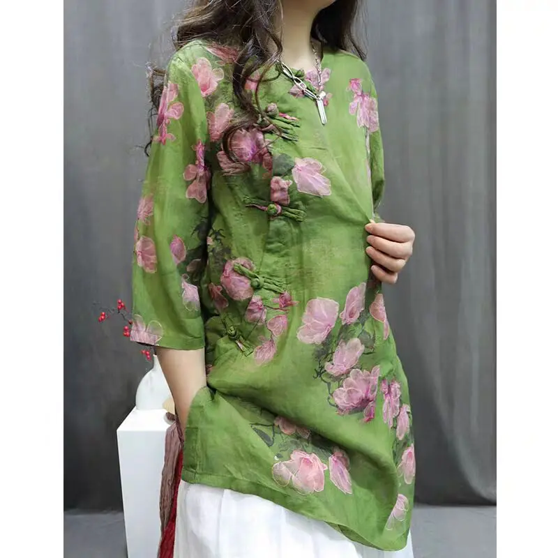 

Women Mid-length National Style Blouse Summer New Vintage Ramie Printing Light Breathable Loose Mid-sleeve Shirt