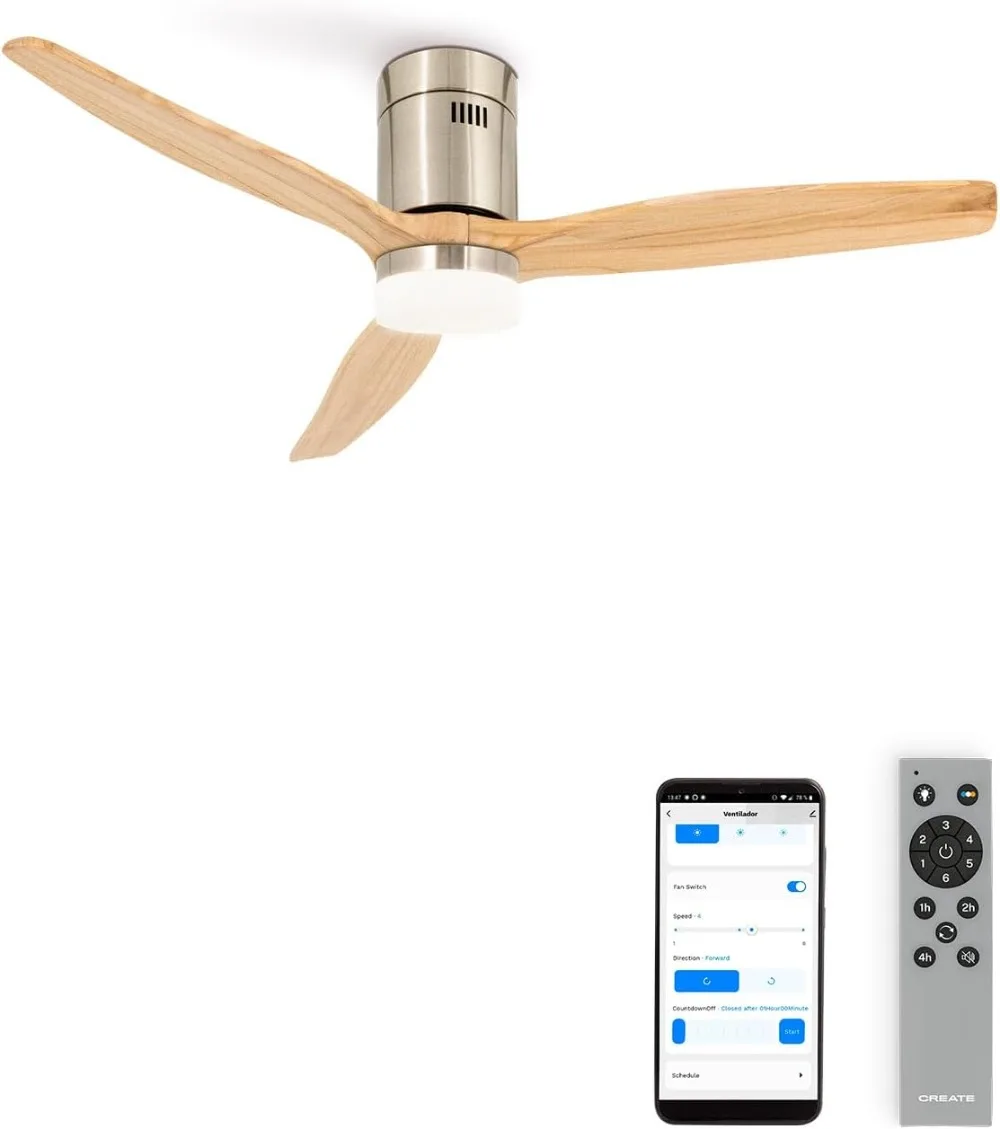 CREATE / WINDCALM/Ventilador de techo con luz nihquel aspas madera claro con Wifi y mando / 40W, Silencioso, Ø132 cm, ABS, 6 velo