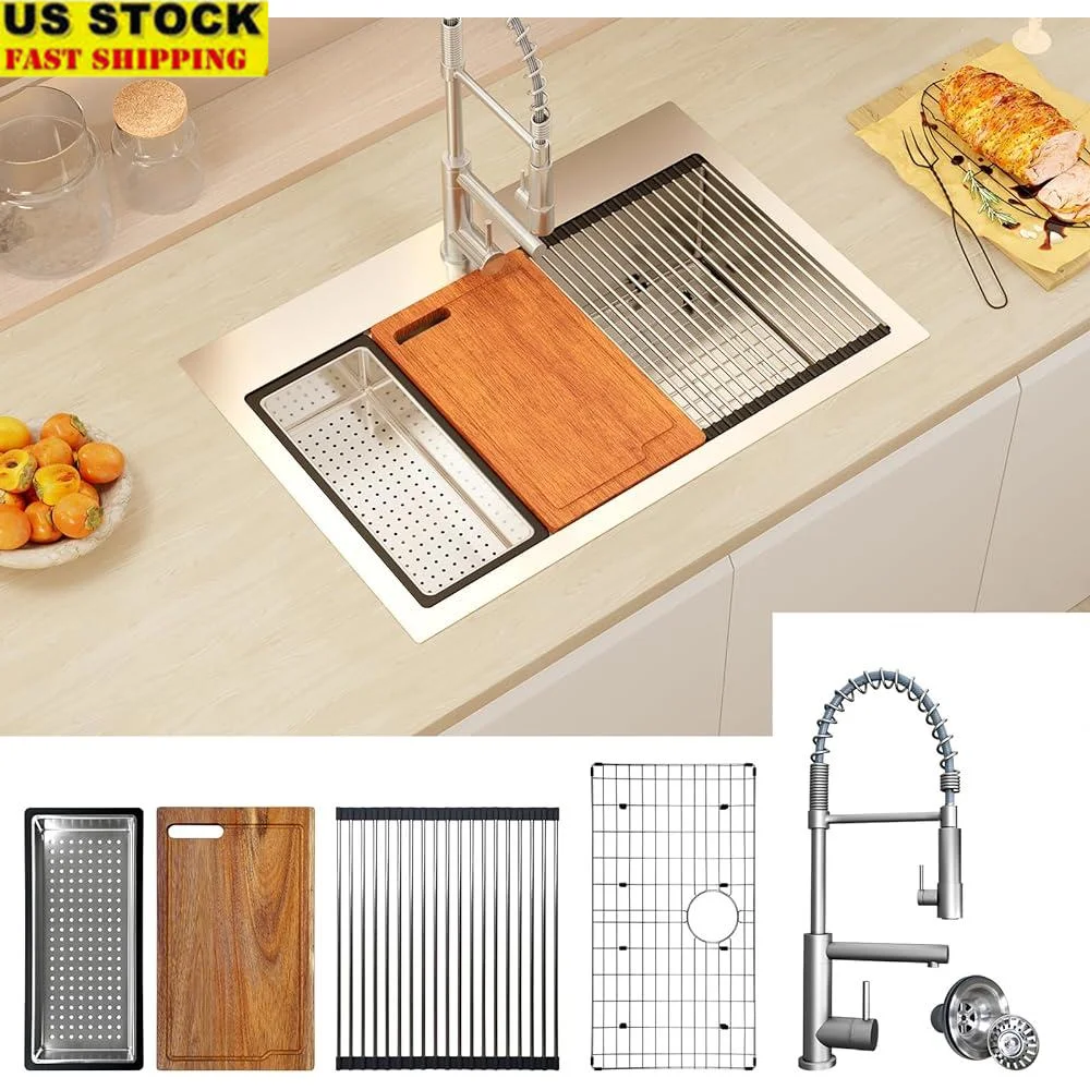 33 인치 스테인레스 스틸 드롭 인 주방 싱크 언더 마운트 단일 그릇 수도꼭지 콤보 소음 감소 우아한 디자인 간편한 청소