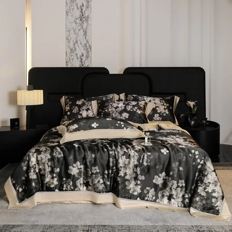 Customizable led luxury 100s Tencel printing hollow four-piece set skin-friendly silky smooth summer cool quilt