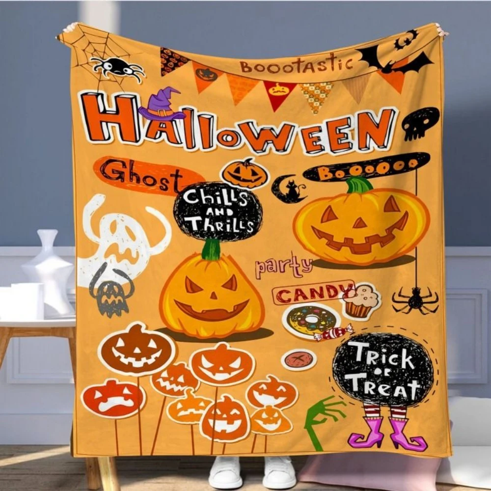 

Pumpkin Bat Halloween Flannel Flower Blanket Holiday Gift Soft Nap Blanket 100x150mm Halloween Festival Decorations Blanket