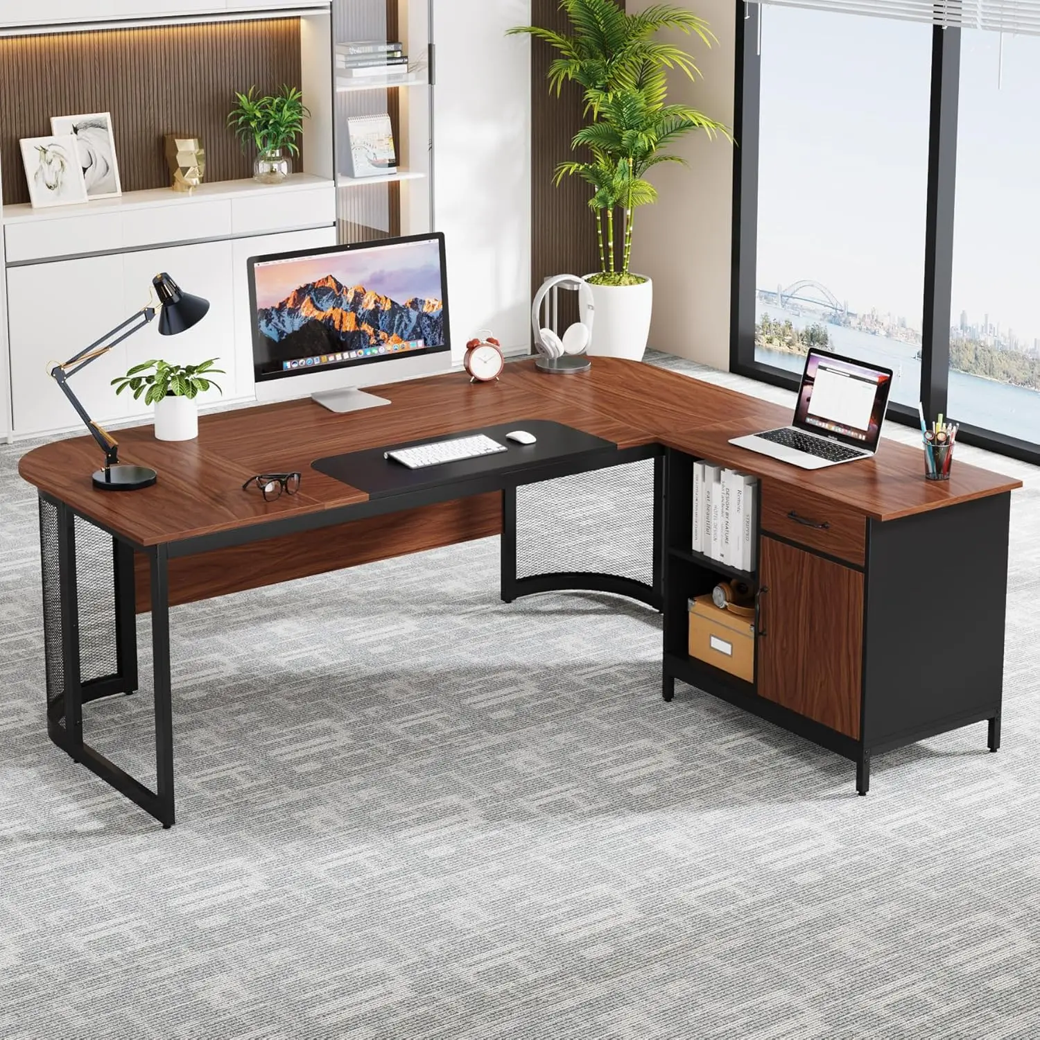 Tribesigns 63-Inch Executive Desk, Large L-Shaped Desk with Drawer Cabinet, Corner Executive Office Desk with Storage Shelves,