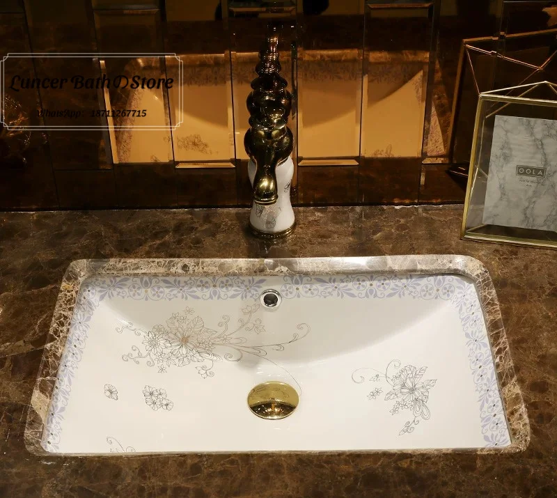 Square Ceramic Art Wash Basin Dual Use Undermount & Above Counter Household Bathroom Built-in Facial Wash Porcelain Sink