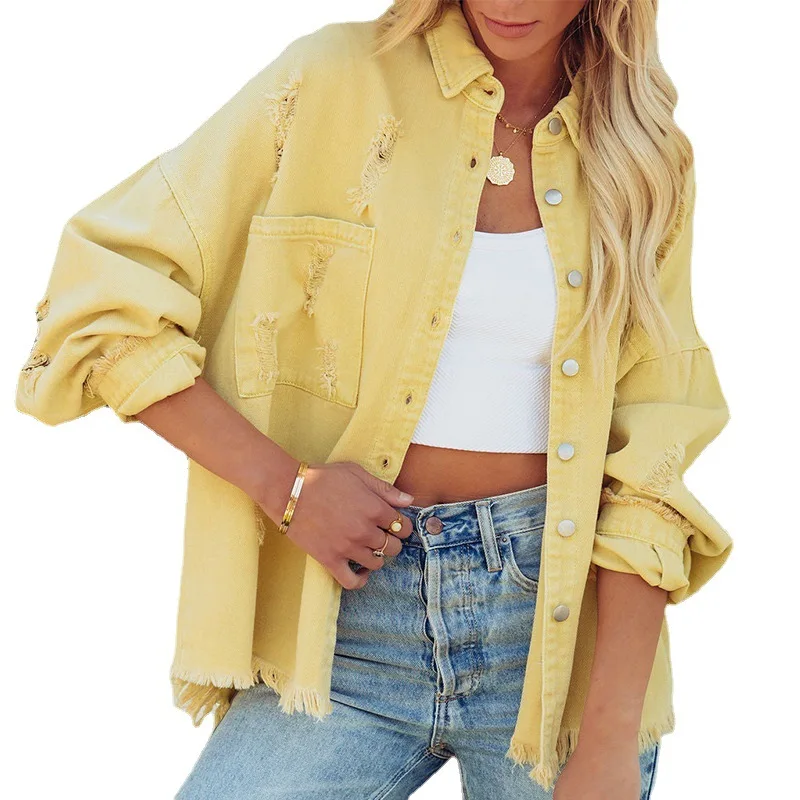 2023 New Women Denim Jacket Ripped Turn Down Collar Long Sleeve Tops with Pockets Vintage Tassels Coat Loose Female Outwear