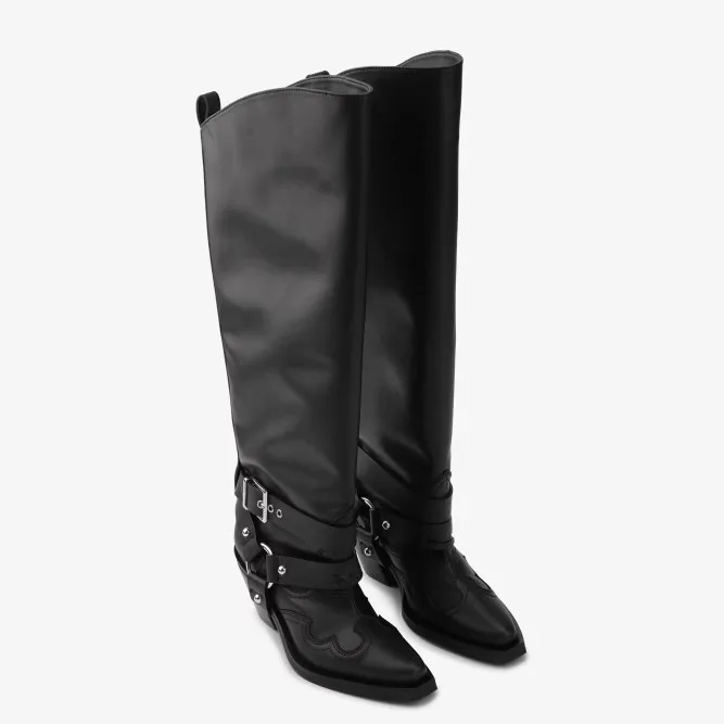 المرأة جلد أسود الركبة عالية أحذية رعاة البقر مشبك حزام التفاصيل أشار تو كتلة كعب النمط الغربي أحذية الموضة الطرف #2