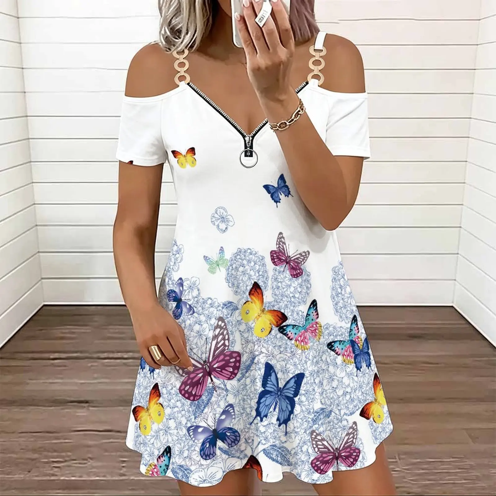 Spring Summer Women's Cold‑shoulder Double Strap V‑neck Zipper Dress  Sexy Elegance Slim Dress  Everyday Commuting Mini Skirt