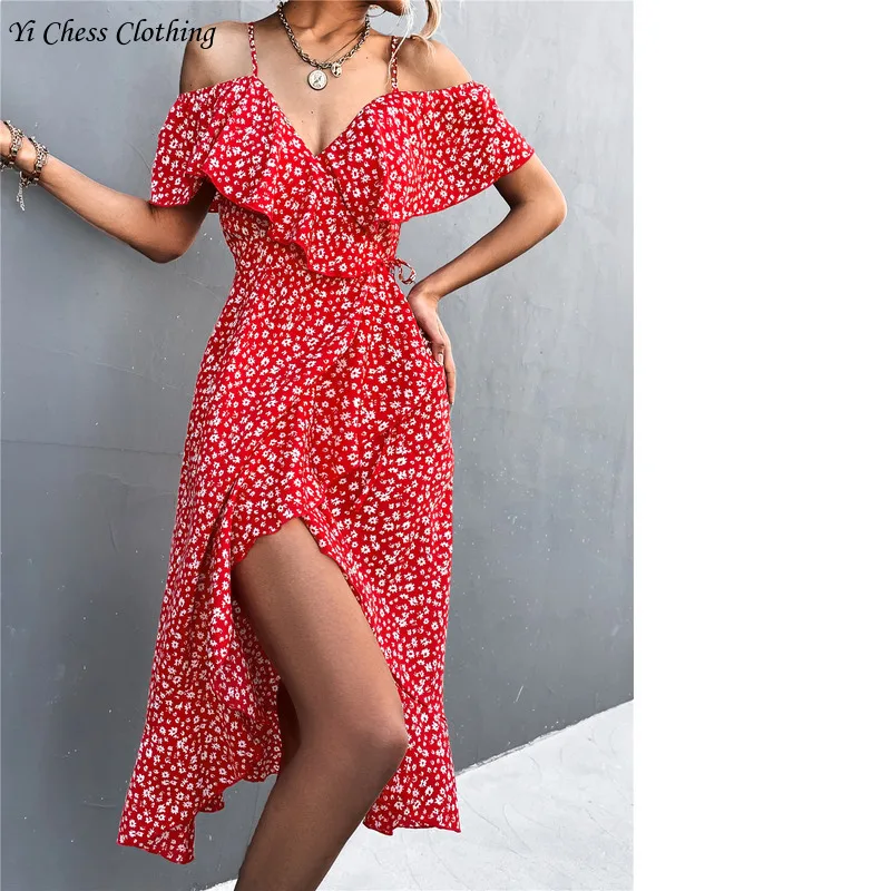 2024 Spring/Summer Fashion New Women's Wear Slim One Shoulder Fragmented Flower Hanging Strap Irregular Long women summer dress