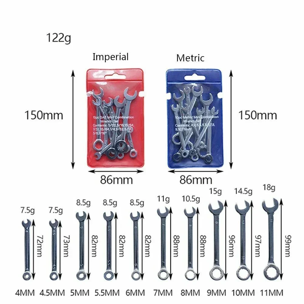 10pcs Mini Spanner Wrenches Set Hand Tool Key Ring Spanner British Metric Wrench Pocket British/Metric Type Wrenches 4-11mm