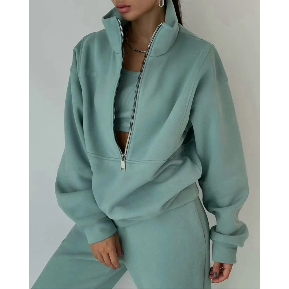 Women Autumn Sporty Fleece Two Pieces Suit Set Stand Collar Zipper Fly Long Sleeve Top & Pants Set Fashion Casual Sports Wear