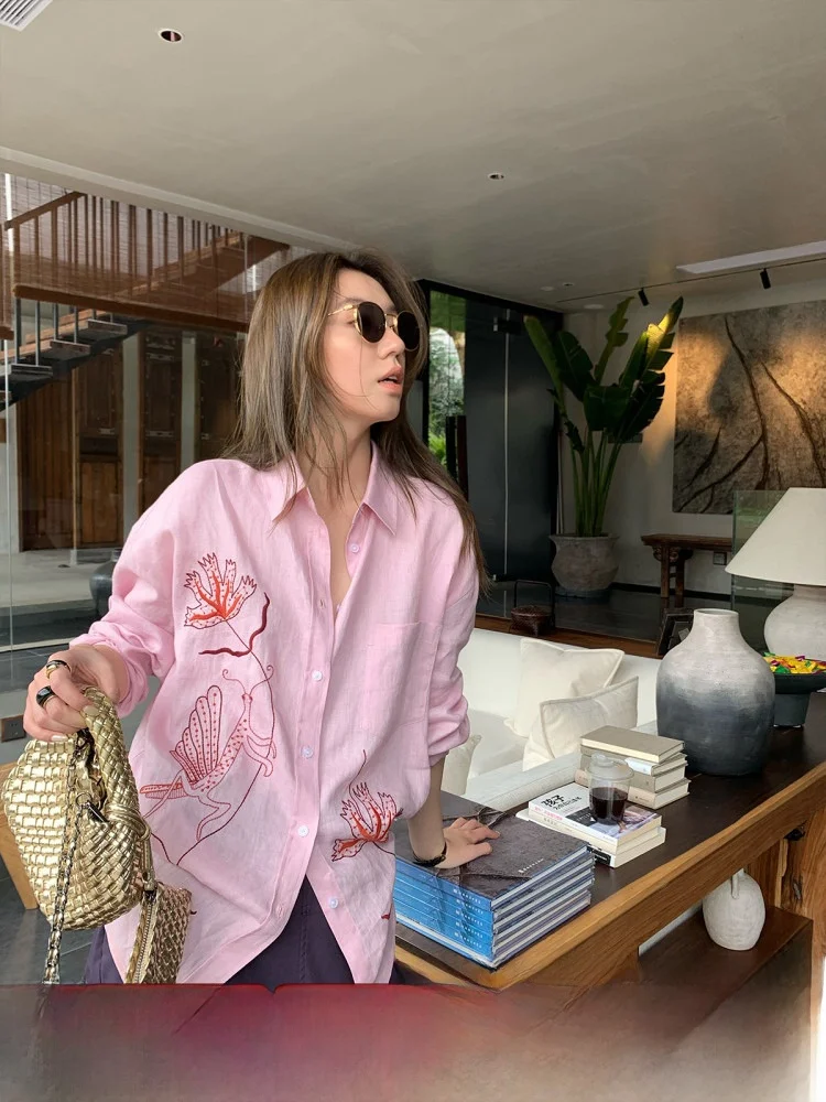 

Gakee Official Pink Embroidered Loose Long Sve irt for Women Casual Sle Faionable Autumn New Arrival