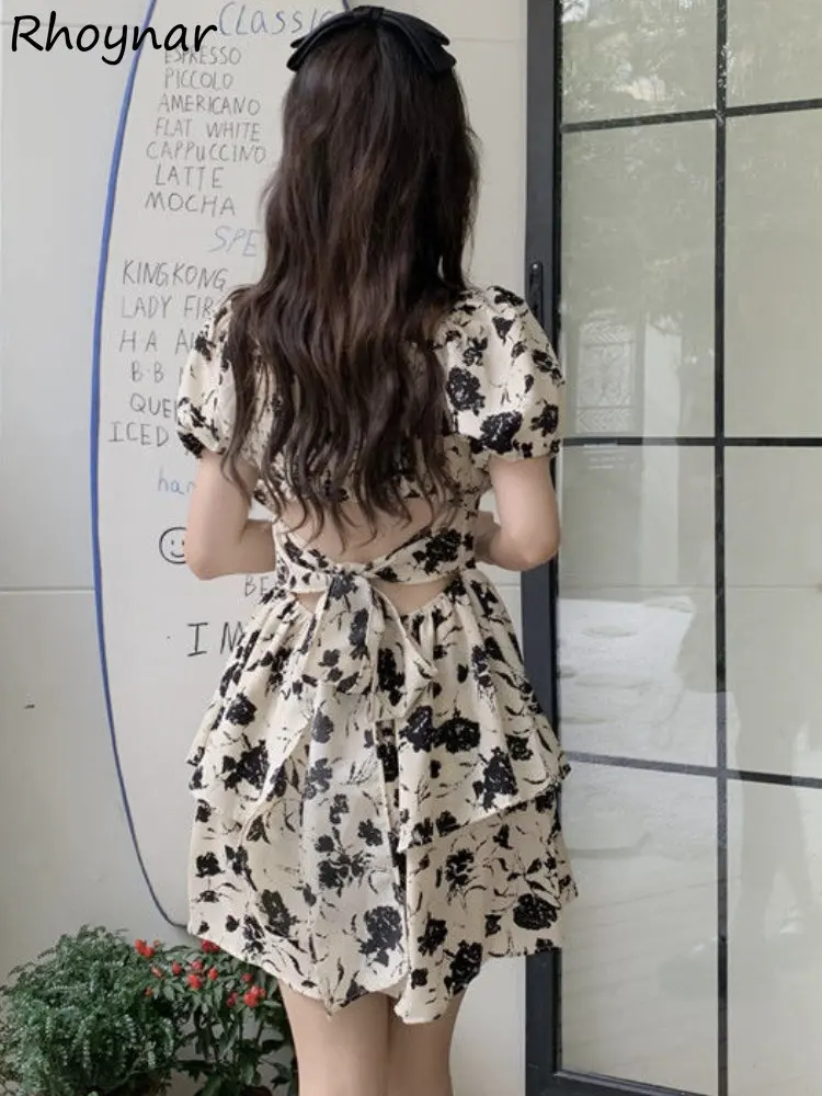 

Floral Dresses Women Lace-up Backless Hotsweet Korean Style Slim A-line Summer Vacation Puff Sleeve Mini Princess Fashion Chic