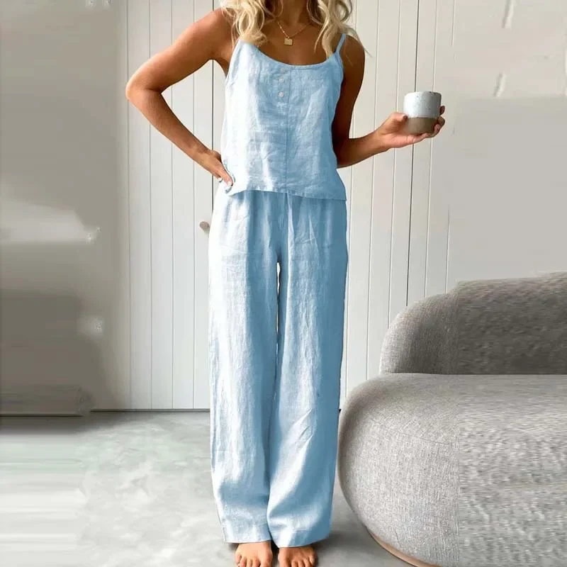 2023 Spring Casual Plain Cotton Linen Women Pants Suit Sexy Button Suspender Top Pajamas Set New Summer Vintage Homewear Outfits