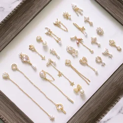 10pcs Luxury Star Moon Love Heart Chain Nail Art Zircon Pearl Metal Manicure Nails Accessories DIY Decorations Supplies Charms