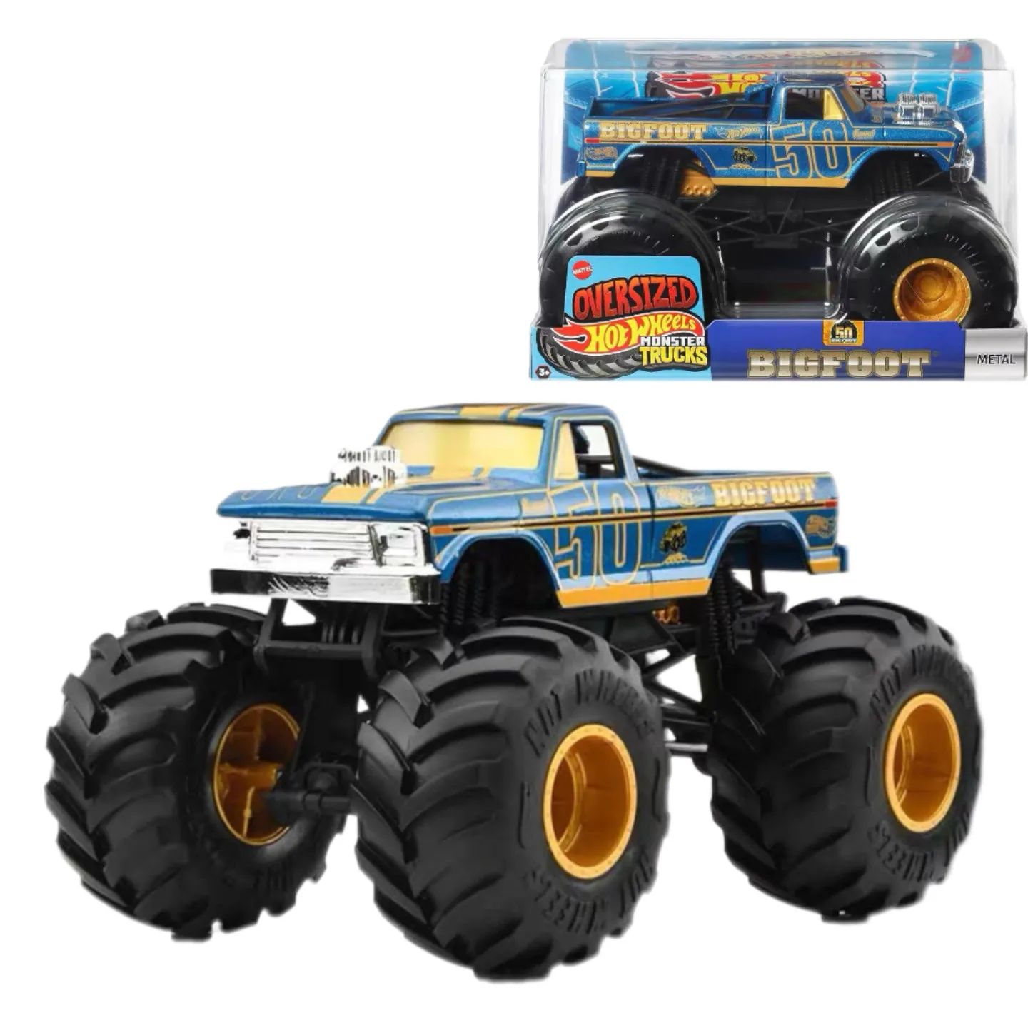 Hot Wheels Monster Trucks Bigfoot 50th Anniversary Off Road Oversized 1：24 Scale Metal Diecast Collectible Toy Vehicle Gift